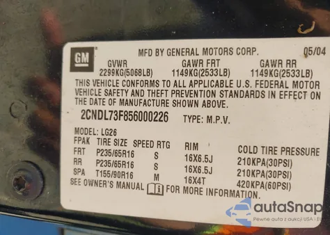 2005 Chevrolet Equinox Lt z USA, uszkodzony, nr VIN 2CNDL73F856000226